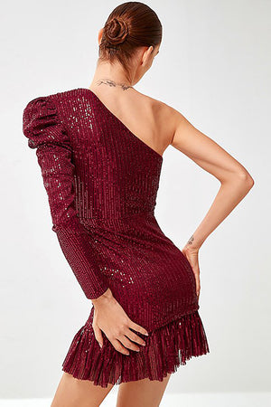 Red Sparkly Sequin One Shoulder Short Homecoming Dress