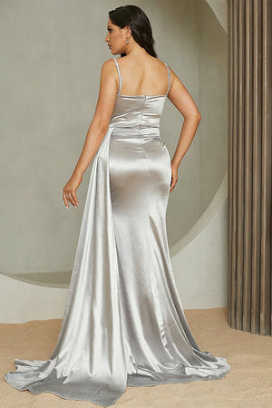 Grey Spaghetti Straps Sparkly Long Prom Dress With Slit