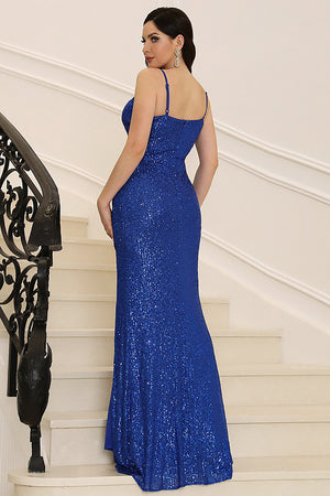 Sparkly Sequin Royal Blue Spaghetti Straps Long Prom Dress
