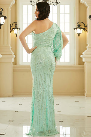 Sparkly Sequin Green One Shoulder Long Prom Dress With Slit