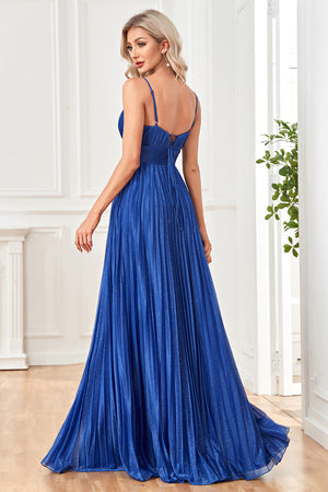 Dark Blue A-Line Spaghetti Straps Long Prom Dress With Pleating