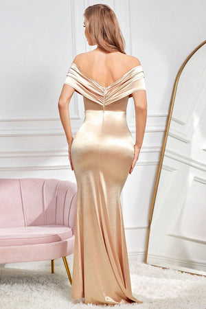 Champagne Mermaid Off The Shoulder Long Satin Prom Dress With Slit