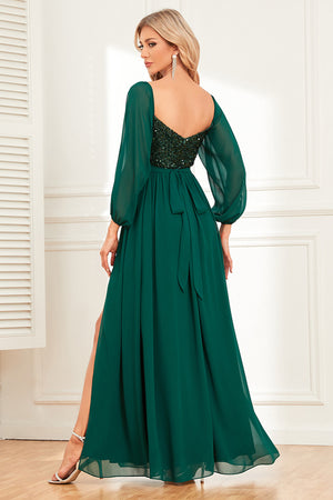 Dark Green A-Line Off The Shoulder Long Sleeves Prom Dress With Sequin
