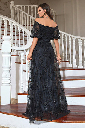 Glitter Black A-Line Off The Shoulder Long Prom Party Dress