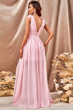 Pink A-Line V-Neck Long Chiffon Prom Party Dress With Slit