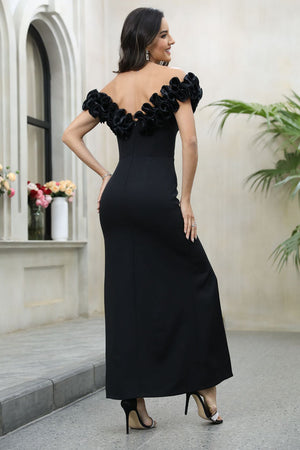 Elegant Black Mermaid Off The Shoulder Long Satin Prom Dress With Slit
