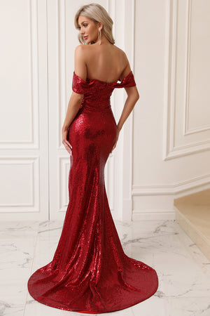Red Sparkly Sequin Mermaid Off The Shoulder Long Prom Dress With Slit