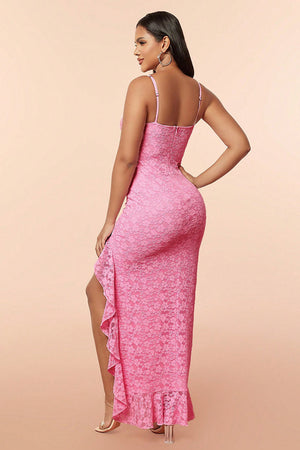 Cute Pink Mermaid Spaghetti Straps Long Lace Prom Dress With Slit