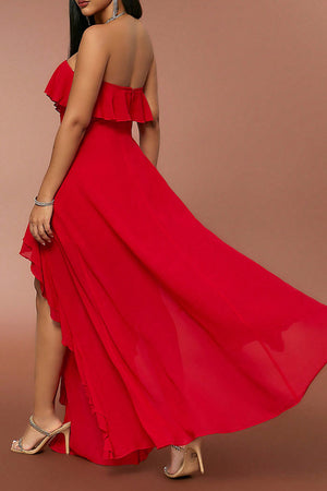 Red A-Line Strapless Long Ruffle Chiffon Prom Dress With Slit