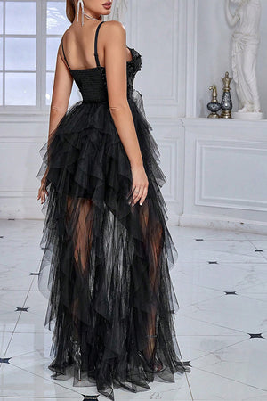 Stunning Black A-Line Spaghetti Straps Long Ruffle Tulle Prom Dress