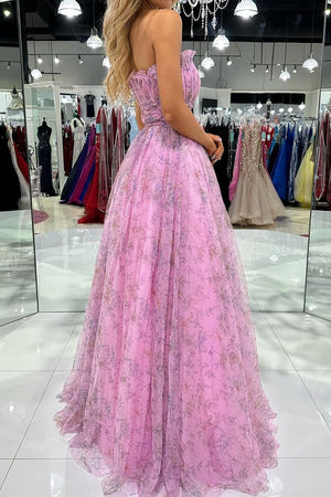 Cute A-Line Strapless Floor Length Print Pink Prom Party Dress