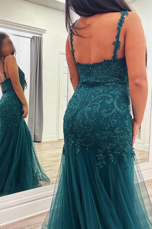 Dark Green V-Neck Zipper Back Mermaid Long Tulle Prom Dress With Appliques