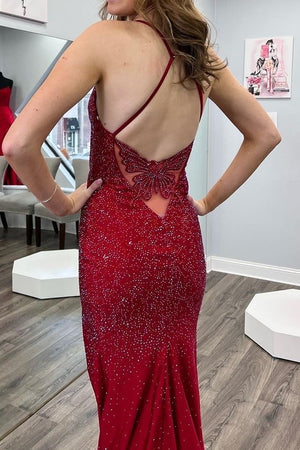 Dark Red Spaghetti Straps Long Mermaid Beaded Prom Dress With Split