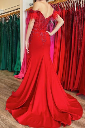 Elegant Red Off The Shoulder Long Mermaid Prom Dress With Feather And Split