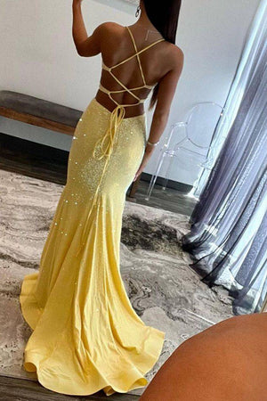 Elegant Yellow Cutout Waist Lace Up Long Beaded Prom Dress