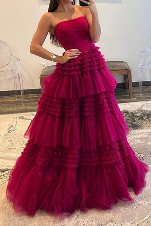 Fuchsia A-Line Strapless Long Tulle Prom Dress With Split