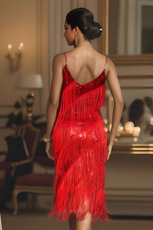 Red Roaring Sequin Fringed Flapper Cocktail Dress