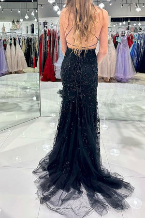 Glitter Black Spaghetti Straps Lace Up Long Mermaid Prom Party Dress