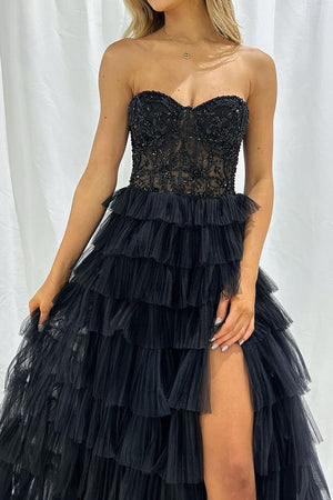 Glitter Black Sweetheart A-Line Long Tulle Prom Dress With High Slit