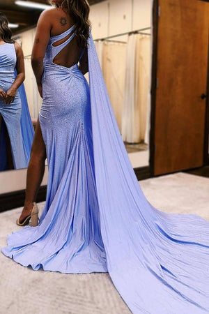 Glitter Light Blue One Shoulder Mermaid Long Prom Dress With Shawl