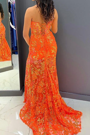 Glitter Orange Off The Shoulder Mermaid Long Prom Dress With Feather And Split