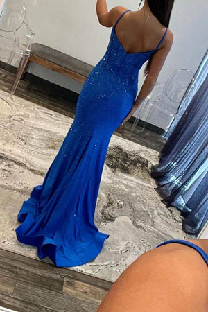 Glitter Royal Blue Spaghetti Straps Zipper Back Long beaded Prom Dress