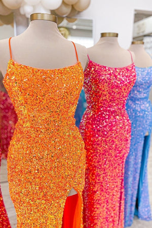Glitter Seqin Spaghetti Straps Long Mermaid Prom Dress With Split