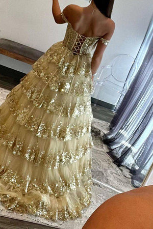 Gorgegous Sparkly Gold A-Line Off The Shoulder Long Prom Dress With Appliques