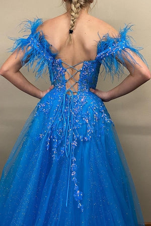 Gorgeous A-Line Royal Blue Off The Shoulder Long Prom Dress With Feather