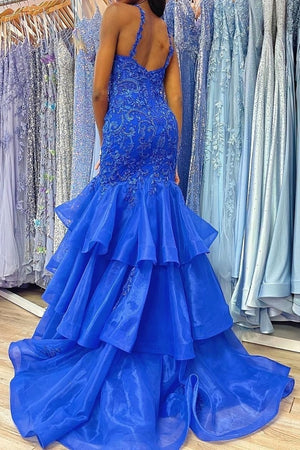 Gorgeous Mermaid Royal Blue V-Neck Long Prom Dress With Ruffle