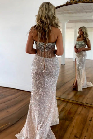Gorgeous Sparkly Strapless Long Champagne Mermaid Prom Dress With Split