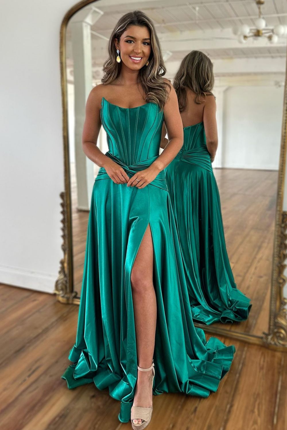 Green Strapless Zipper Back A-Line Satin Long Prom Dress With Split