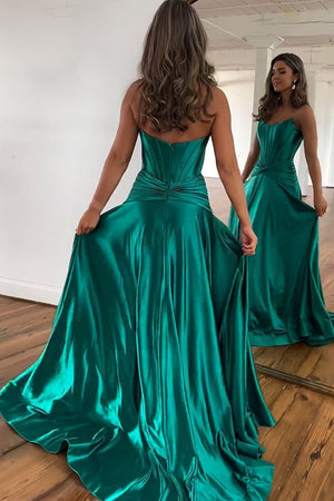 Green Strapless Zipper Back A-Line Satin Long Prom Dress With Split