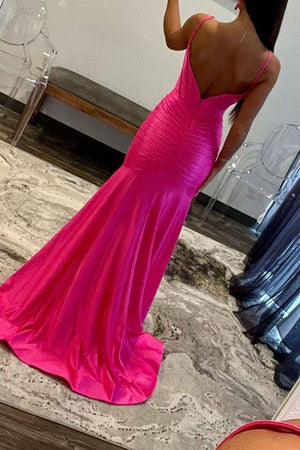 Hot Pink Mermaid Spaghetti Straps Long Pleated Prom Dress With Split