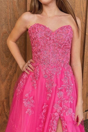 Hot Pink Off The Shoulder A-Line Long Prom Dress With Appliqus And Split