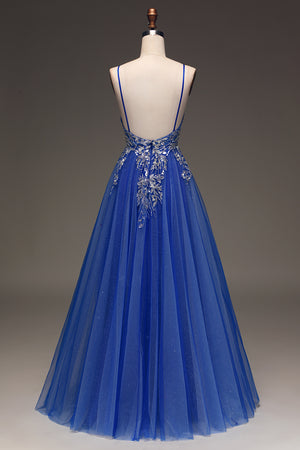 Royal Blue A-Line Spaghetti Straps Long Glitter Tulle Prom Dress
