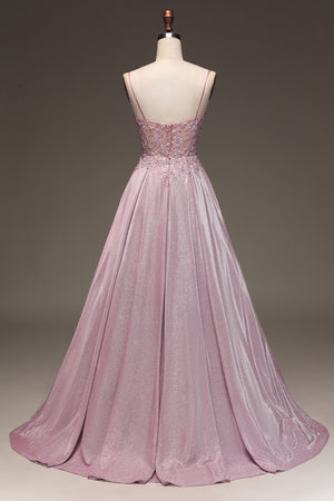 Sweet A-Line Blush Spaghetti Straps Long Glitter Prom Dress