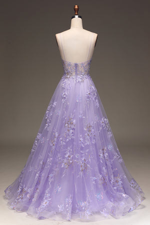 Sweet A-Line Purple Long Prom Dress With Appliques