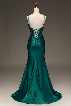 Dark Green Spaghetti Straps Lace Up Long Tight Satin Prom Dress