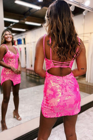 Sparkly Hot Pink Lace Up Spaghetti Straps Bodycon Short Homecoming Dress