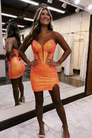 Sparkly Strapless Bodycon Sequin Short Homecoming Dress with Slit