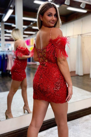 Sparkly Sequin Spaghetti straps Lace Up Homecoming Dress With Feather