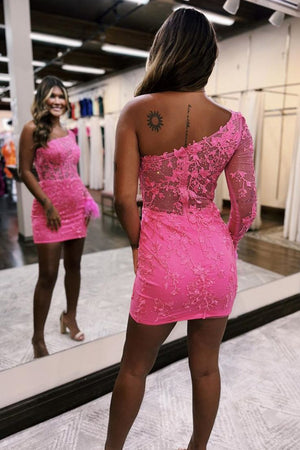 Pink Lace One Shoulder Long Sleeves Short Homecoming Dress with Feather