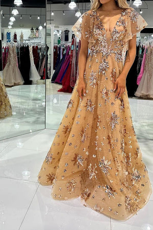 Luxurious Gold A-Line Cap Sleeves Long Sparkly Prom Dress With Appliques