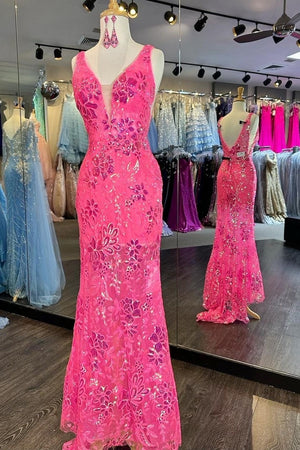 Mermaid Hot Pink Deep V-Neck Long Prom Party Dress With Appliques