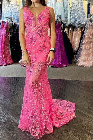 Pretty Mermaid Deep V-Neck Long Hot Pink Prom Dress With Appliques