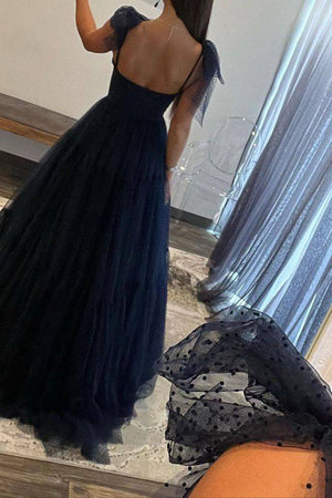 Navy A-Line Tie Straps Floor Length Tulle Prom Dress