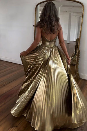 Newly Gold A-Line Halter Neck Long Prom Dress With Split