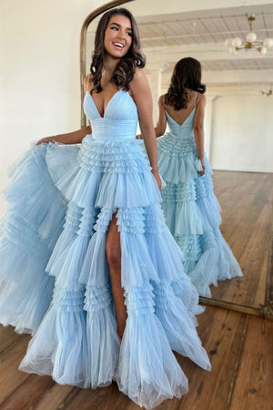 Pretty A-Line Spaghetti Straps Long Tulle Prom Dress With Split