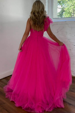 Pretty Fuchsia A-Line One Shoulder Long Tulle Prom Dress With Split